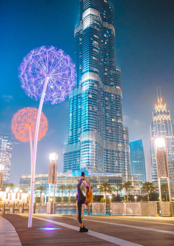 happy girl walking in dubai with